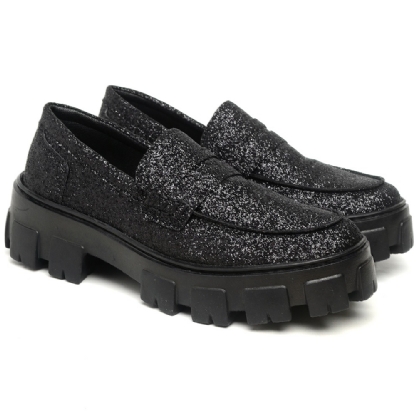 Sapato Mocassim Feminino Glitter Preto "GLOW" 1406DB