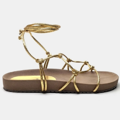 Sandália Rasteira Papete Flatform de Amarrar Dourado "Aisha" 2040DB