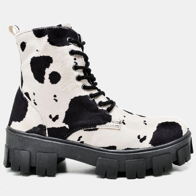 Bota Coturno Feminino Tratorado Estampa Preto "COW" 1104DB