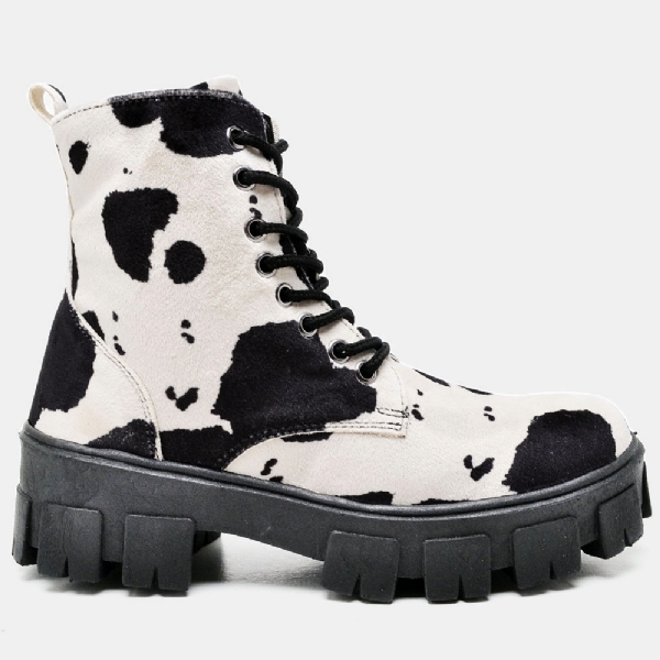 Bota Coturno Feminino Tratorado Estampa Preto "COW" 1104DB