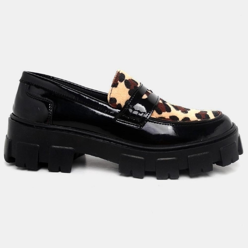 Sapato Mocassim Oxford Feminino Preto Verniz Animal Print "STILL" 1405DB