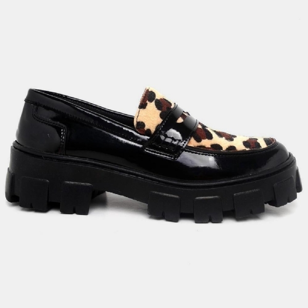 Sapato Mocassim Oxford Feminino Preto Verniz Animal Print "STILL" 1405DB