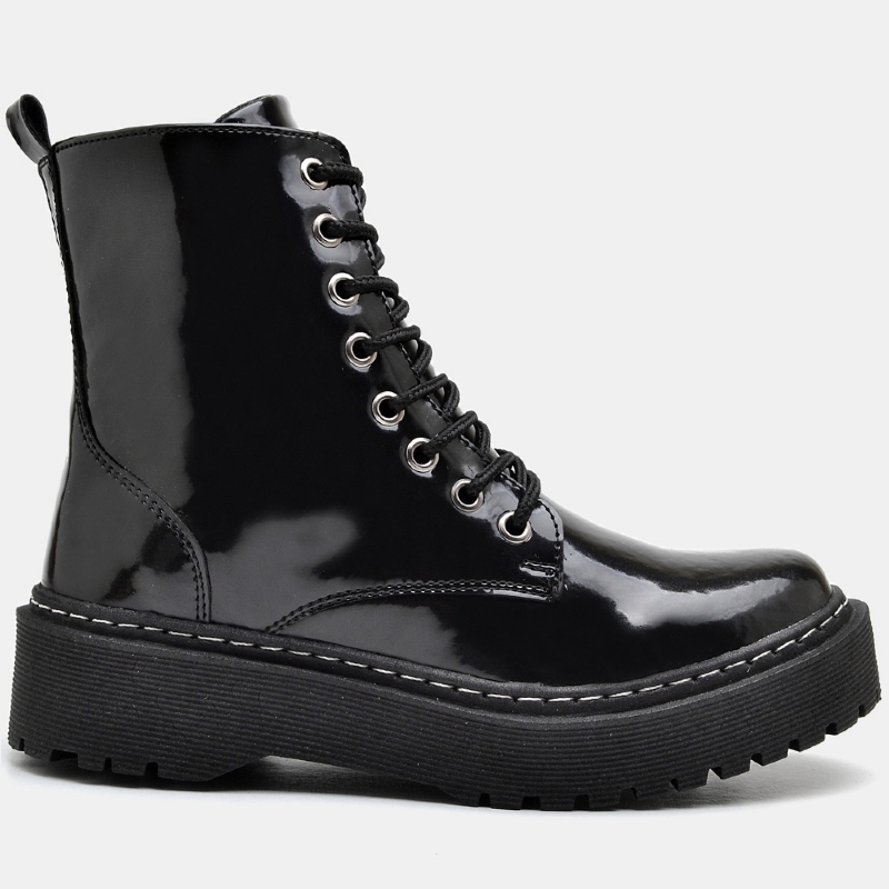 Coturno Tratorado Feminino Preto Verniz "DÖMO" 1105DB