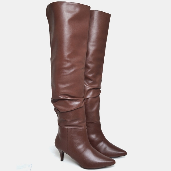 Bota Over The Knee Salto Bico Fino Marrom "GLAM" 1710DB