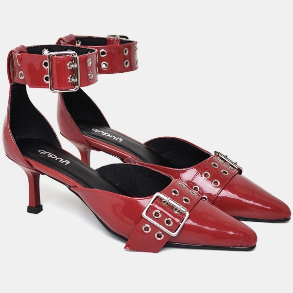 Sapato Scarpin Bico Fino Tornozeleira Vermelho Verniz "ZAYA" 1312DB