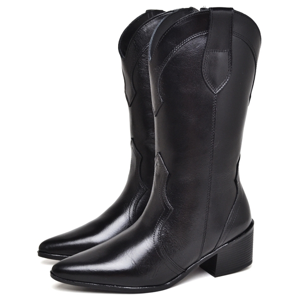 Bota Country Feminina Couro Legítimo Preto "KIM" 1726DB