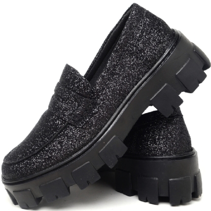 Sapato Mocassim Feminino Glitter Preto "GLOW" 1406DB
