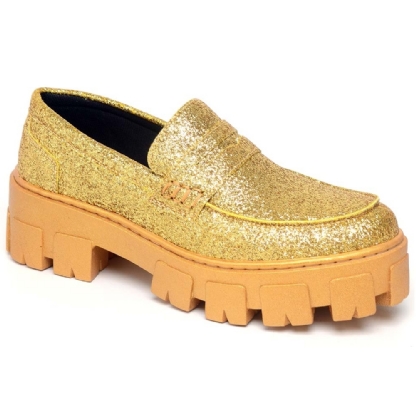 Sapato Mocassim Feminino Glitter Dourado "GLOW" 1406DB