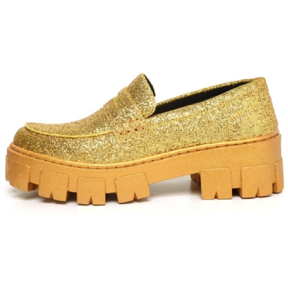 Sapato Mocassim Feminino Glitter Dourado "GLOW" 1406DB