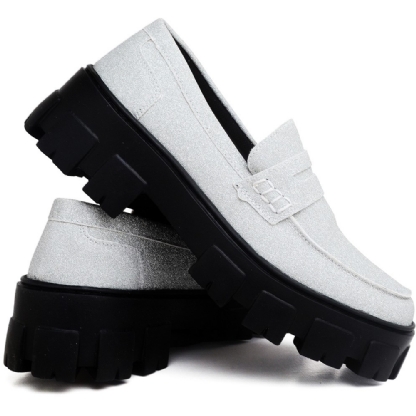 Sapato Mocassim Feminino Glitter Prata "GLOW" 1406DB
