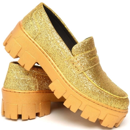 Sapato Mocassim Feminino Glitter Dourado "GLOW" 1406DB
