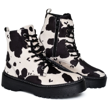 Bota Coturno Feminino Tratorado Estampa Preto COW "DÖMO" 1105DB