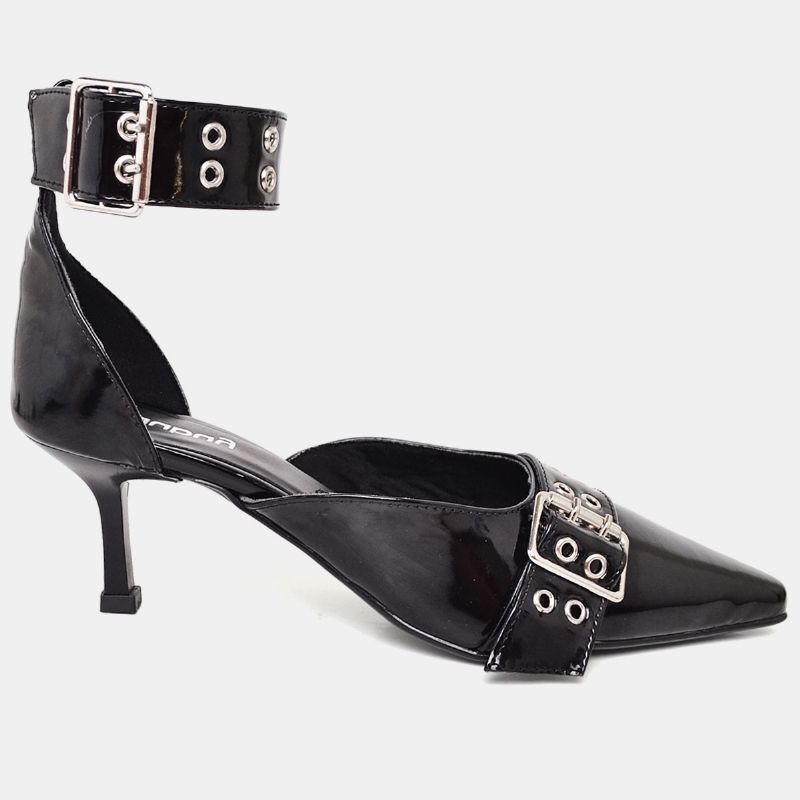 Sapato Scarpin Bico Fino Tornozeleira Preto Verniz 