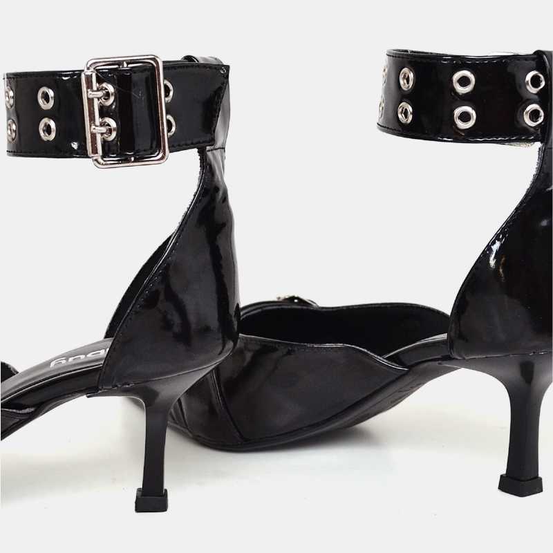 Sapato Scarpin Bico Fino Tornozeleira Preto Verniz " ZAYA" 1312DB