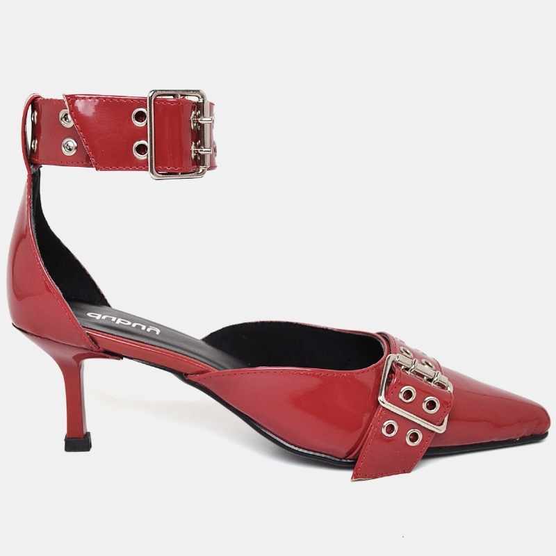 Sapato Scarpin Bico Fino Tornozeleira Vermelho Verniz "ZAYA" 1312DB