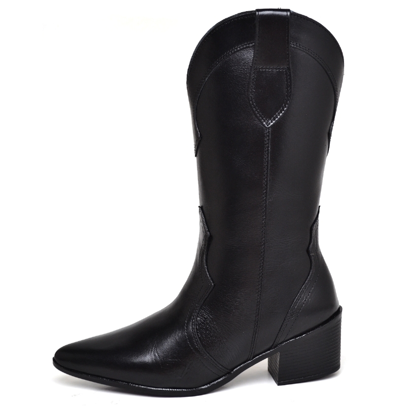 Bota Country Feminina Couro Legítimo Preto "KIM" 1726DB