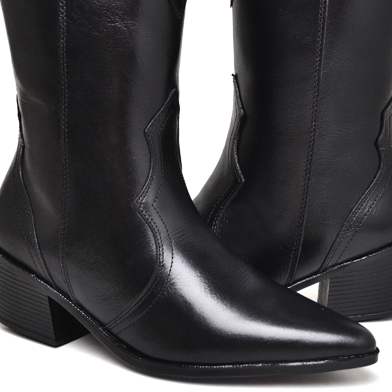 Bota Country Feminina Couro Legítimo Preto "KIM" 1726DB