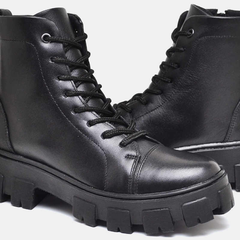 Bota Coturno Tratorado Feminino Couro Legítimo Preto 1106DB