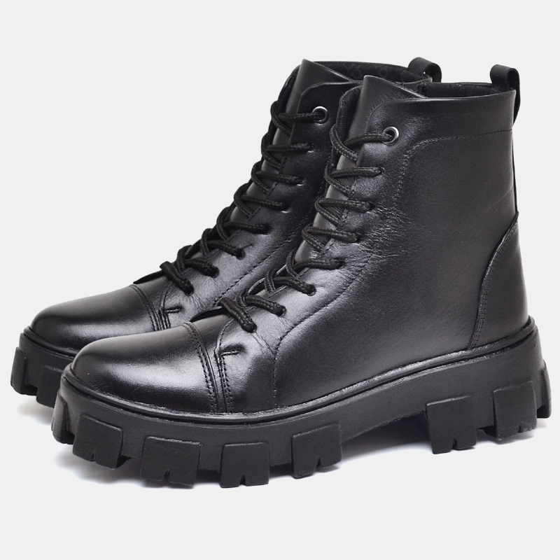 Bota Coturno Tratorado Feminino Couro Legítimo Preto 1106DB