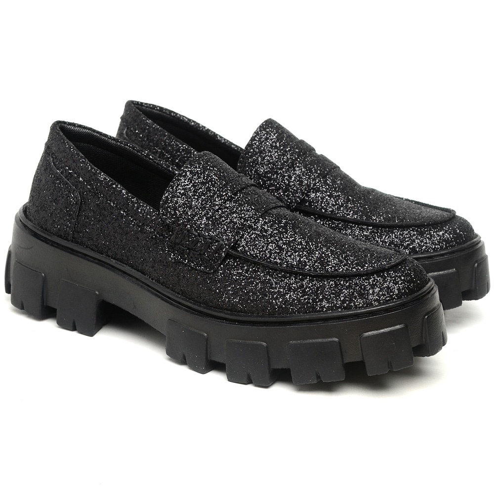 Sapato Mocassim Feminino Glitter Preto 