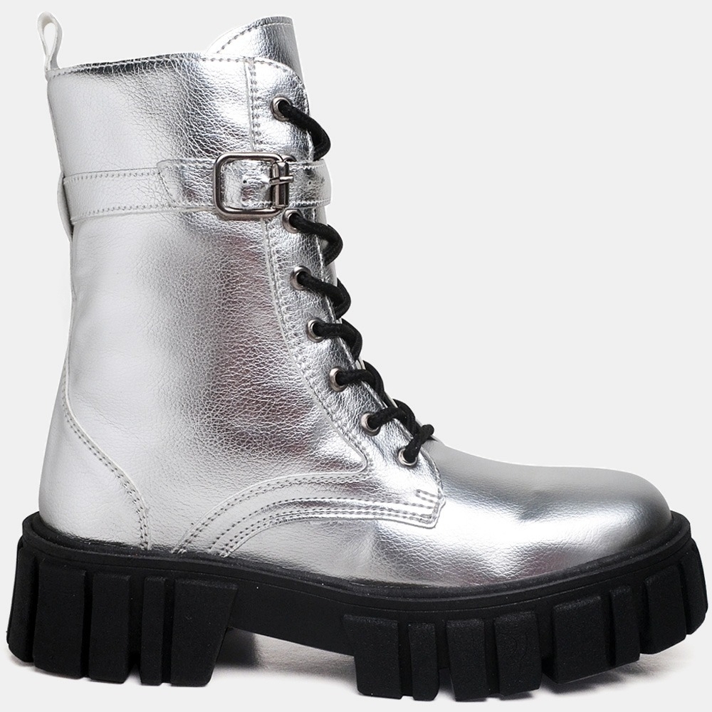 Bota Coturno Tratorado Feminino Prata 